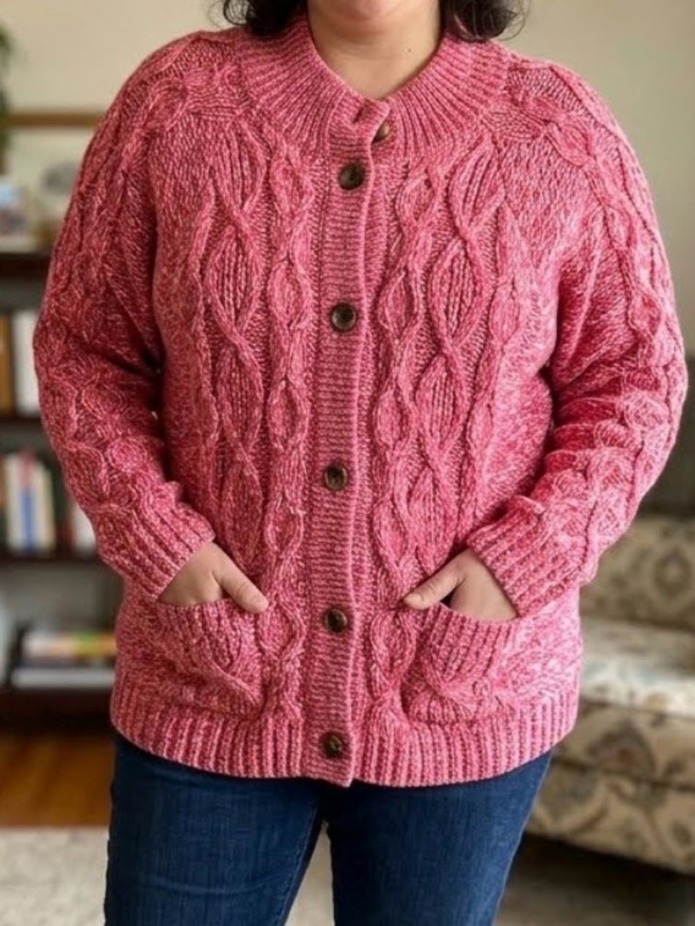 Talbots pink chunky cable knit button front two pocket cardigan plus size 2X